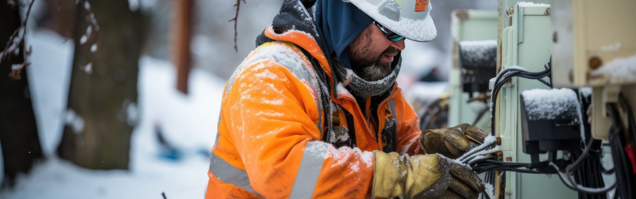 determination of a manual worker braving the elements to repair an electrical line after a winter snowstorm.
