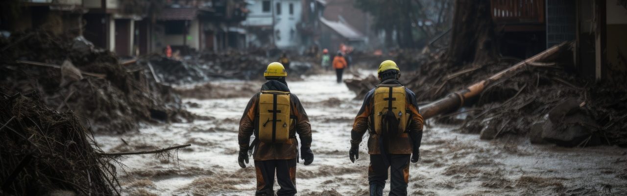Two emergency workers in a flooded street, coordinating relief efforts after a destructive mudflow, with debris around